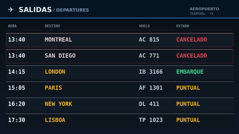 Panel de salidas de un aeropuerto con vuelos cancelados de Air Canada a Montreal y San Diego